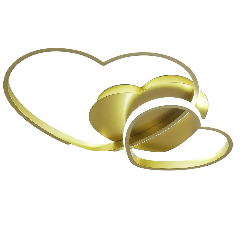 Heart-shaped LED flush mount ceiling light with interlocking gold rings and warm glow