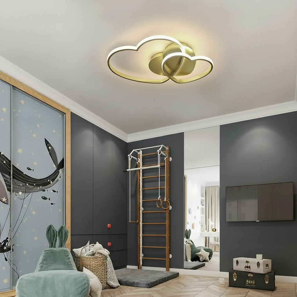 Interlocking double-heart LED flush mount ceiling light in gold with warm illumination