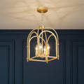 Gold open-frame cage pendant light with four lit bulbs and chain-hung canopy