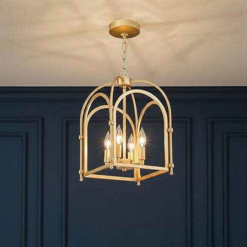 Gold open-frame cage pendant light with four lit bulbs and chain-hung canopy