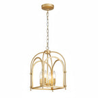 Gold cage-style hanging pendant light with open arch frame and four bulbs