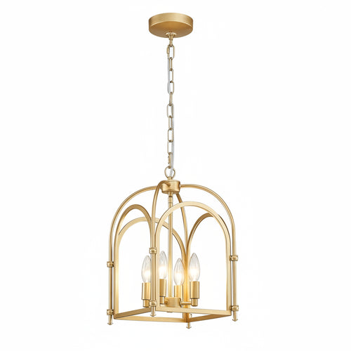 Gold cage-style hanging pendant light with open arch frame and four bulbs