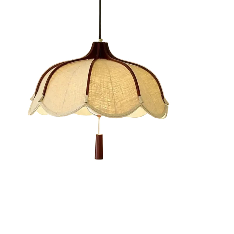 Beige fabric drum pendant light with scalloped petal shades and dark brown trim