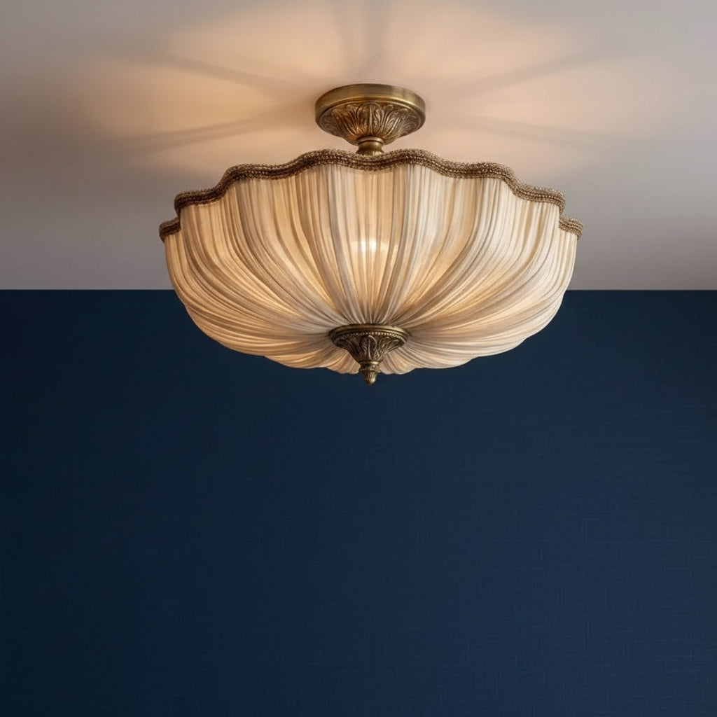 Antique bronze scalloped round ceiling light with pleated fabric shade
