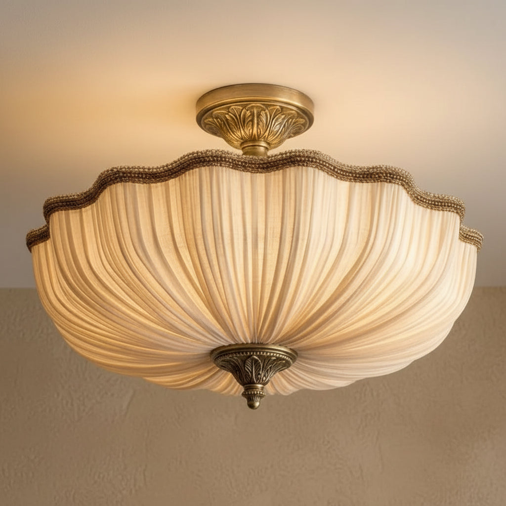 Antique bronze flush-mount round ceiling light with pleated fabric shade