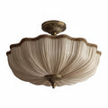 Antique bronze scalloped round flush-mount ceiling light with pleated fabric shade