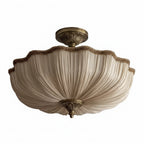 Antique bronze scalloped round flush-mount ceiling light with pleated fabric shade