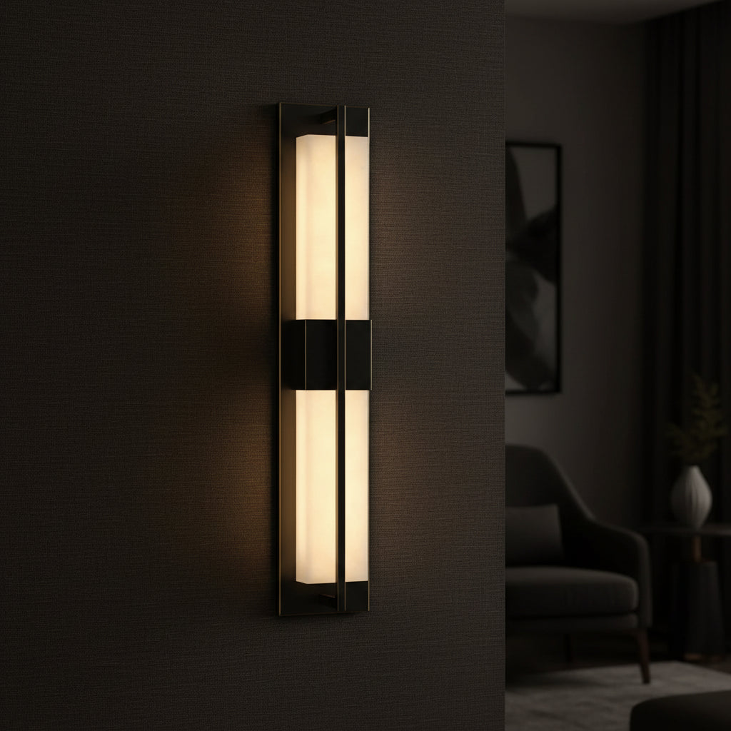 Black vertical wall light sconce with frosted glass strip panels in a long rectangular frame