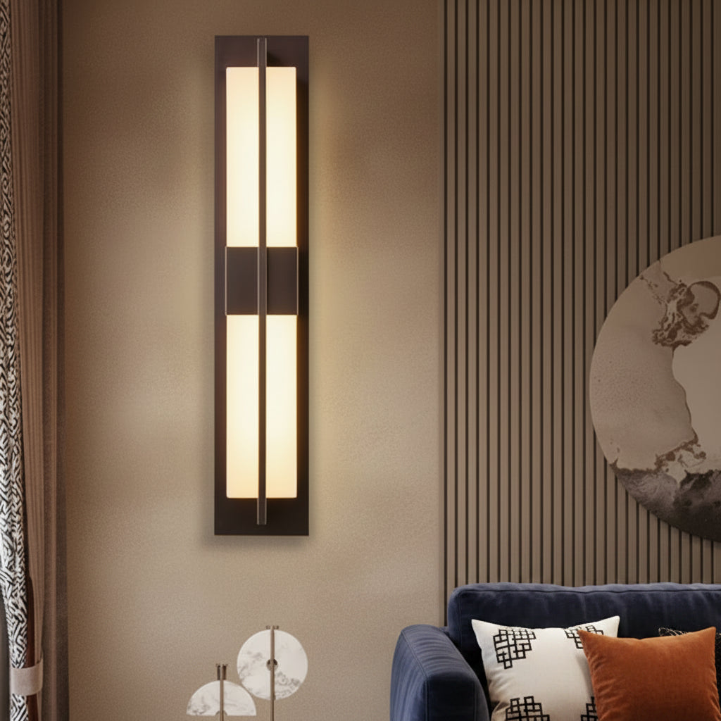 Black vertical wall light sconce with two frosted glass strip sections in a long frame
