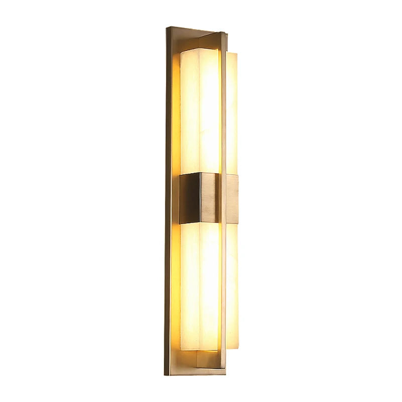 Gold vertical wall light sconce with frosted glass strips and long metal frame