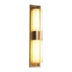 Gold vertical wall light sconce with frosted glass strips and long metal frame
