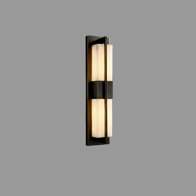 Black vertical wall light sconce with frosted glass strip panels in a long frame