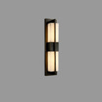 Black vertical wall light sconce with frosted glass strip panels in a long frame