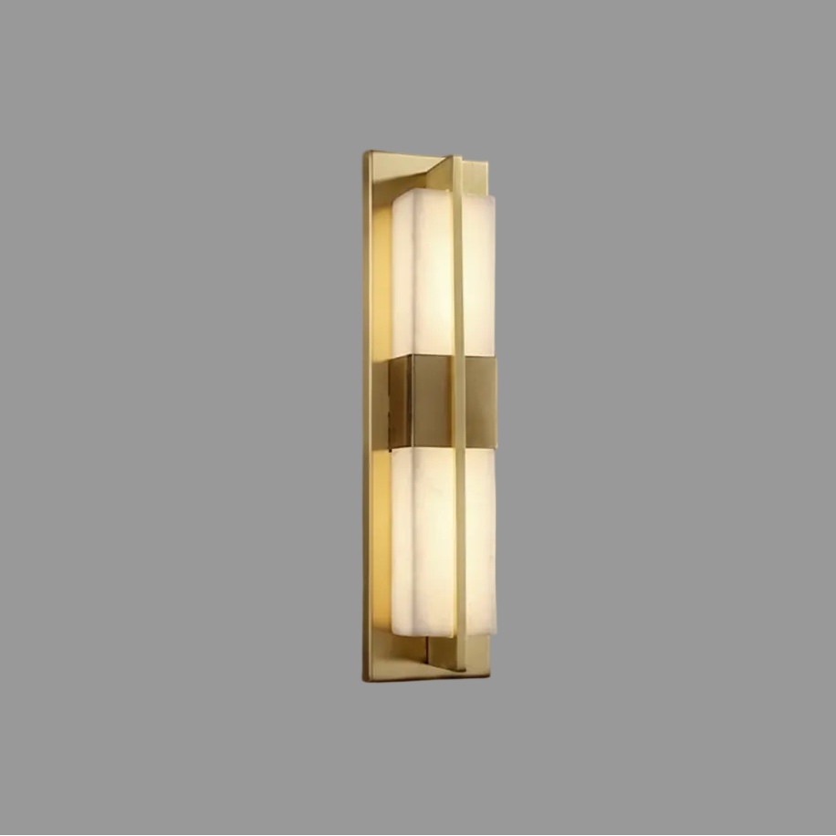 Gold vertical wall light sconce with frosted glass strip panels in a long metal frame