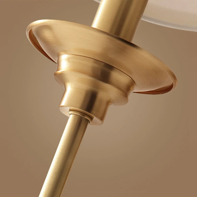 Close-up of brass gooseneck sconce arm and circular wall mount beneath shade