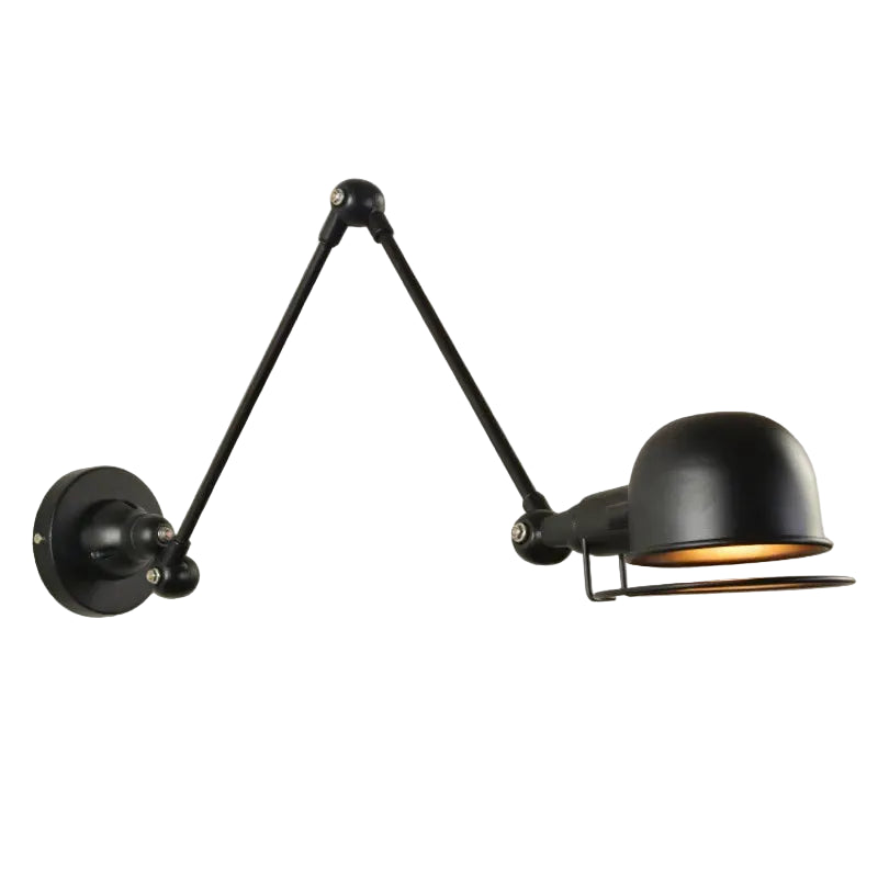 Black dome swing-arm wall light with hinged bracket and round backplate