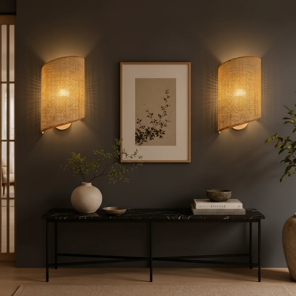 Pair of bamboo curved cylinder wall sconces with grid-weave shades, warm glow