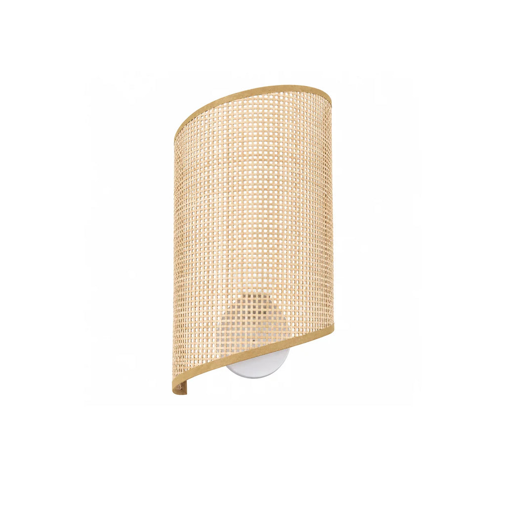 Curved cylinder bamboo wall sconce with grid-weave shade and round mounting base
