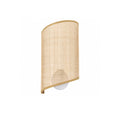 Curved cylinder bamboo wall sconce with grid-weave shade and round mounting base