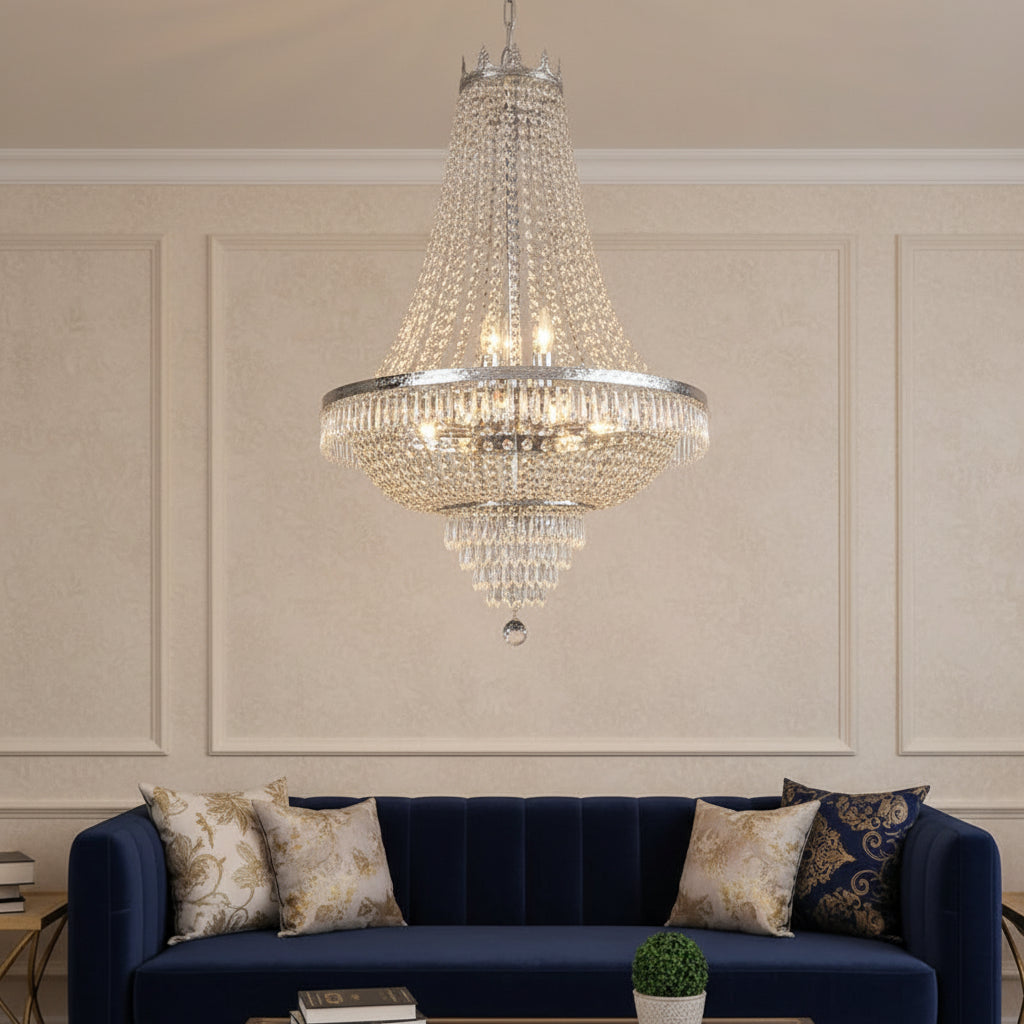 Chrome crystal beaded multi-tier chandelier with teardrop drops and round frame