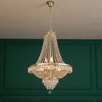 Gold crystal beaded multi-tier chandelier with teardrop hanging drops
