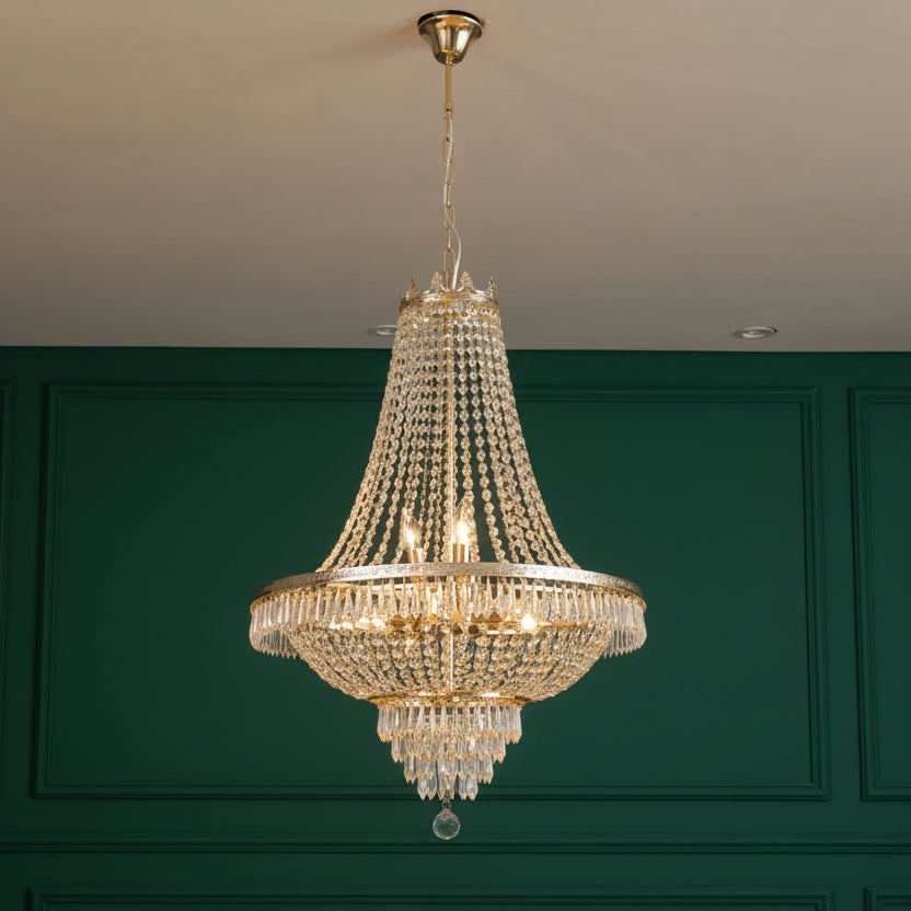 Gold crystal beaded multi-tier chandelier with teardrop hanging drops