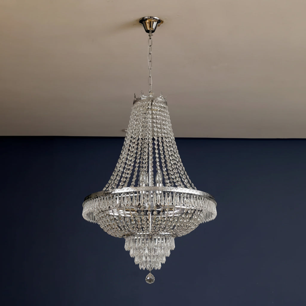 Chrome crystal beaded multi-tier chandelier with teardrop drops and round canopy