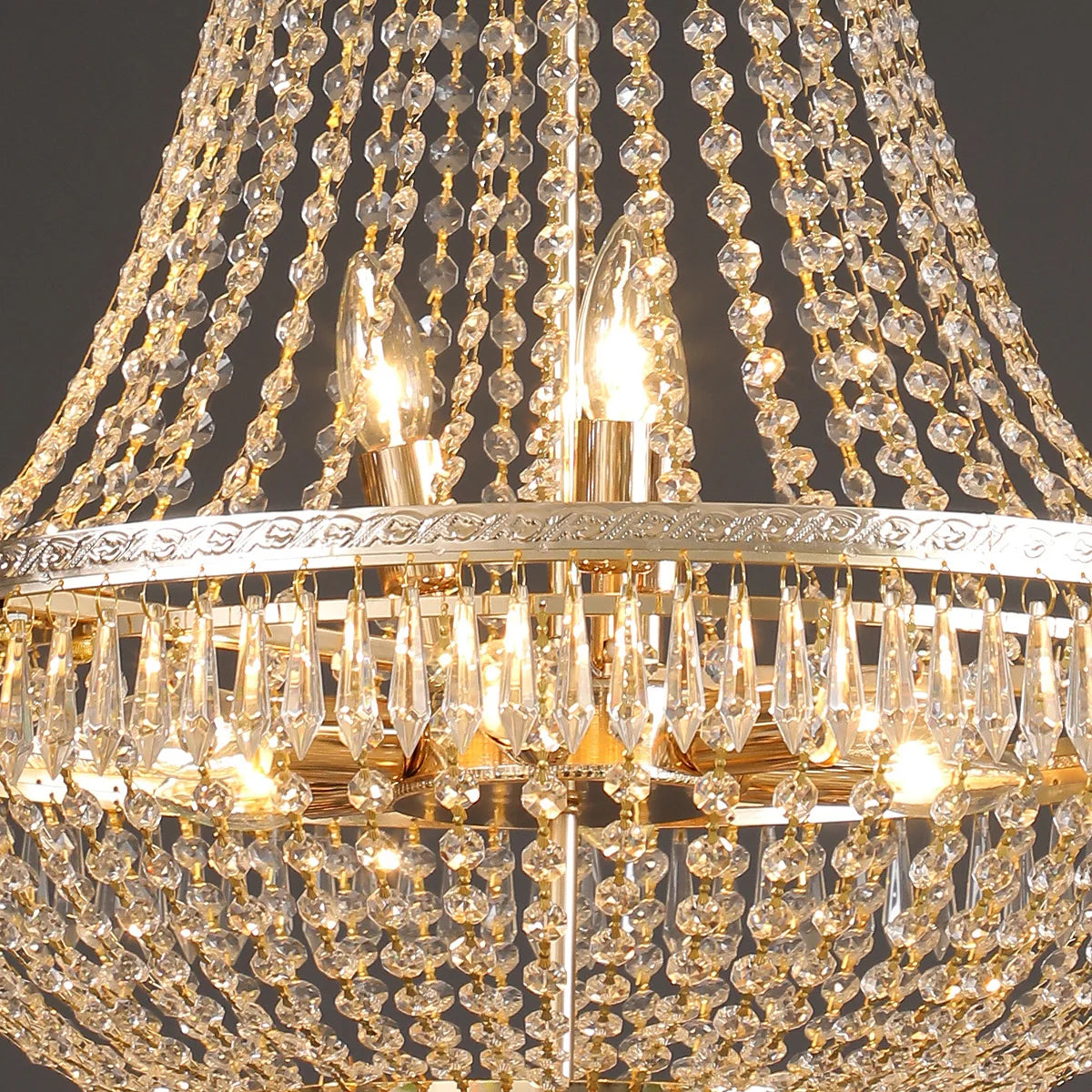 Gold beaded crystal chandelier canopy with dangling teardrop prisms