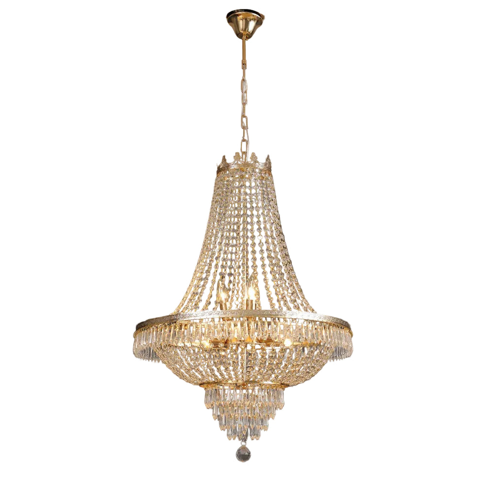 Gold crystal beaded teardrop chandelier with round tier and hanging crystal drops