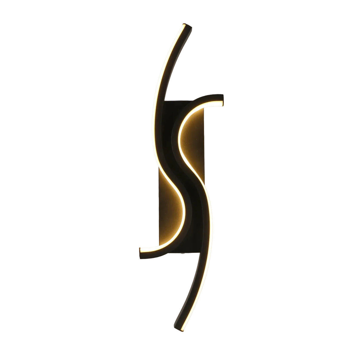 Curved LED wall sconce with black finish and warm S-shaped light glow