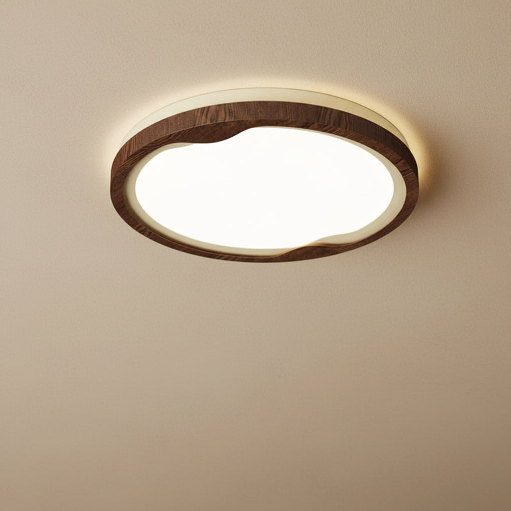 Walnut round flush mount ceiling light with white diffuser and glowing LED ring