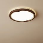 Walnut round flush mount ceiling light with white diffuser and glowing LED ring