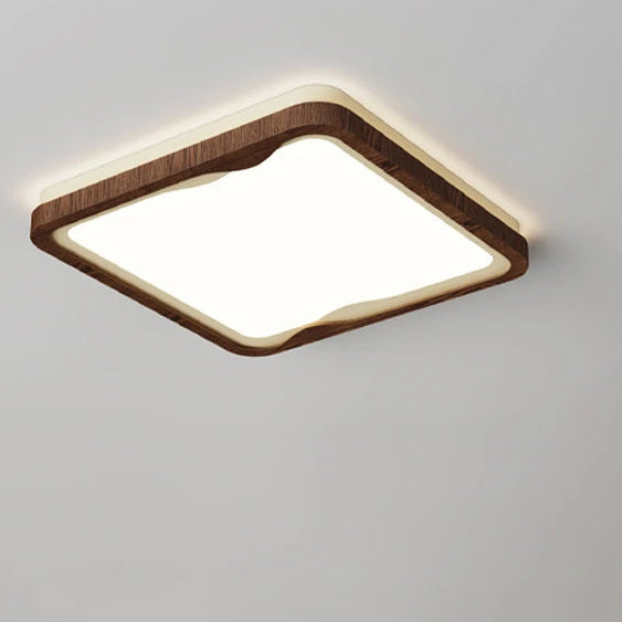 Walnut square LED flush mount ceiling light with white diffuser and dark wood frame