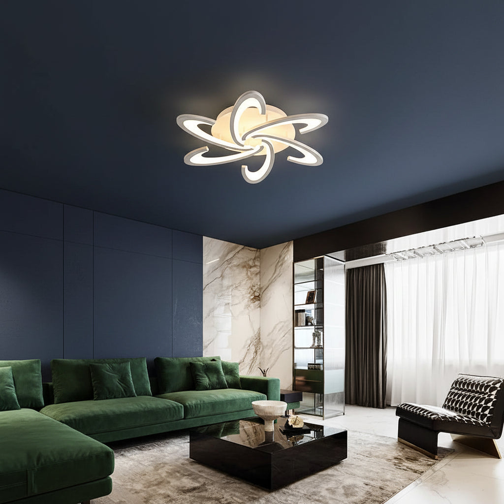 White acrylic petal LED flush mount ceiling light with geometric spiral strips