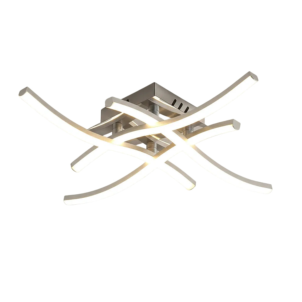 Isolated flush mount ceiling light with intersecting curved metal bars and glowing white LEDs