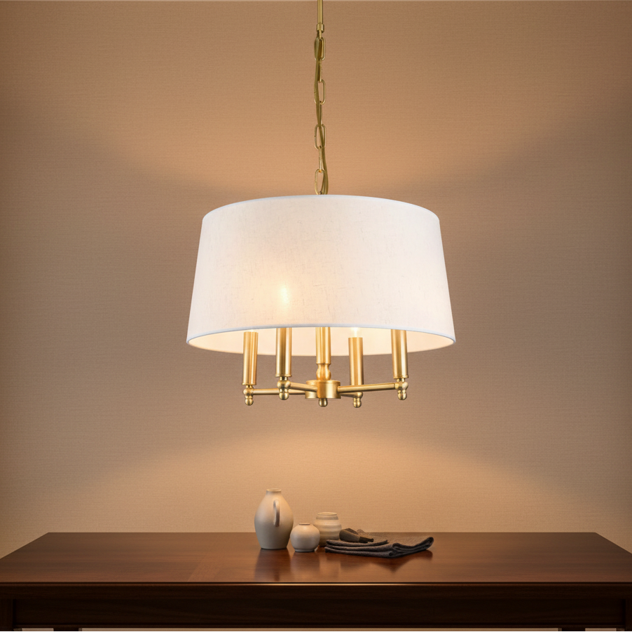Fabric drum pendant light with white drum shade and gold multi-bulb candle-style ring