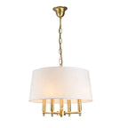 Fabric drum pendant light with white shade and gold multi-bulb chandelier frame