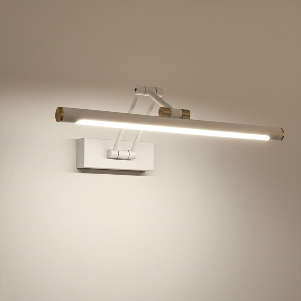 White tubular LED wall sconce with foldable, adjustable bar and brass end caps
