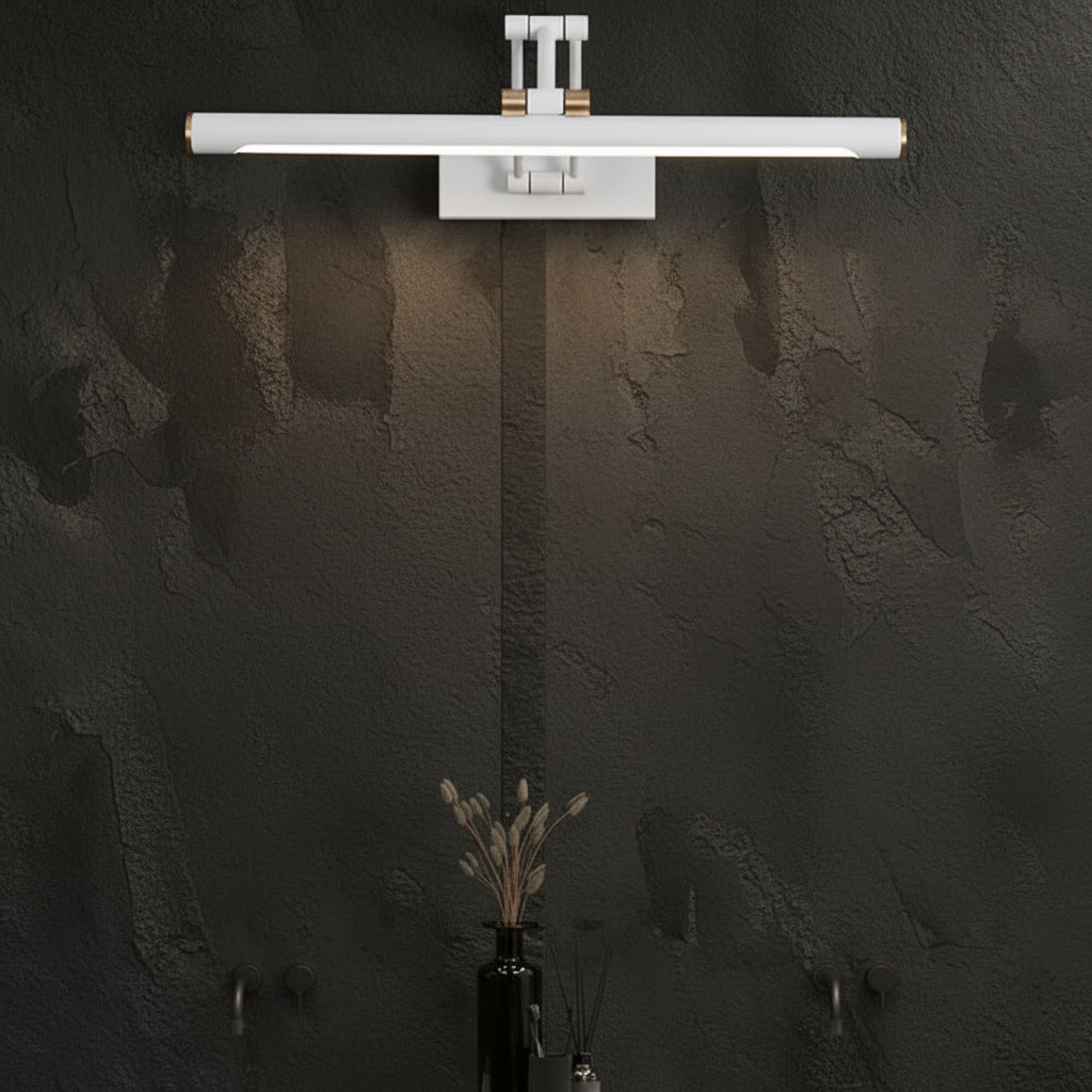 White tubular LED wall sconce with adjustable linear light bar and mounting bracket