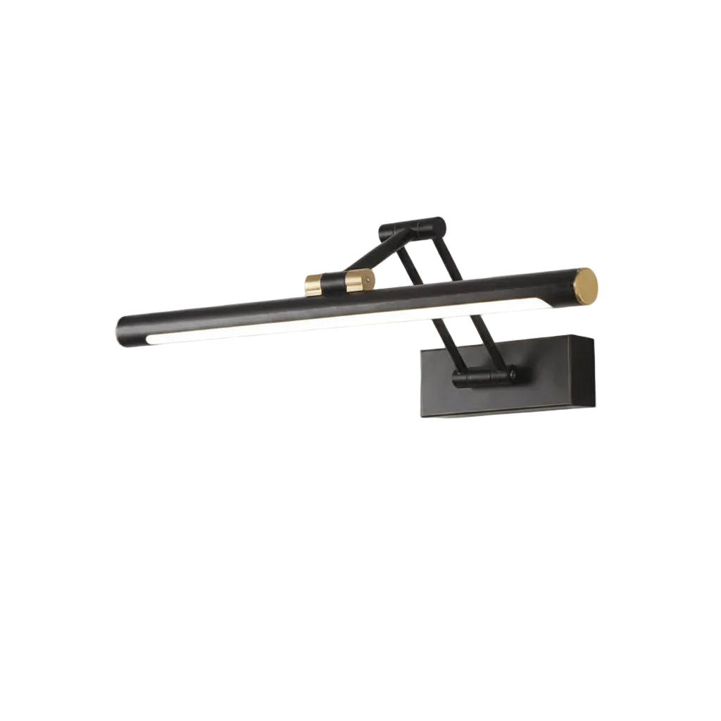 Black tubular LED wall sconce with foldable adjustable bar and brass end accents