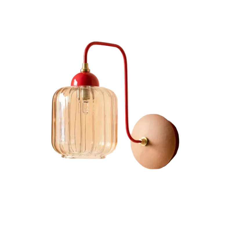 Red curved arm wall light with ribbed cylindrical glass shade and round wood backplate