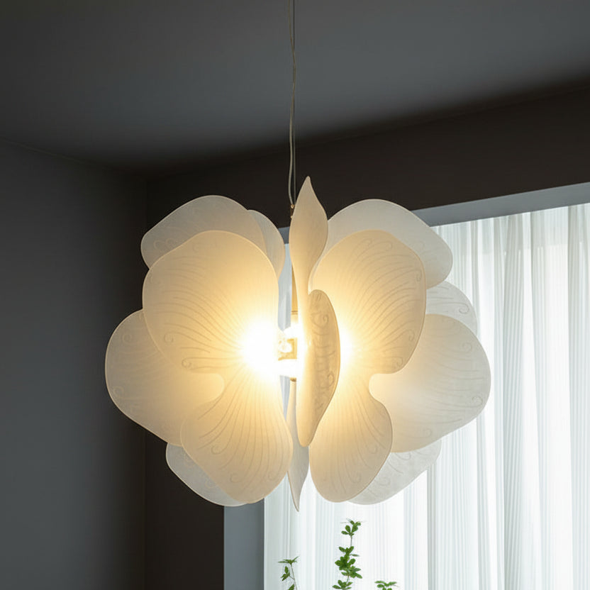 Floral acrylic pendant light with layered petal shades and lit center bulb