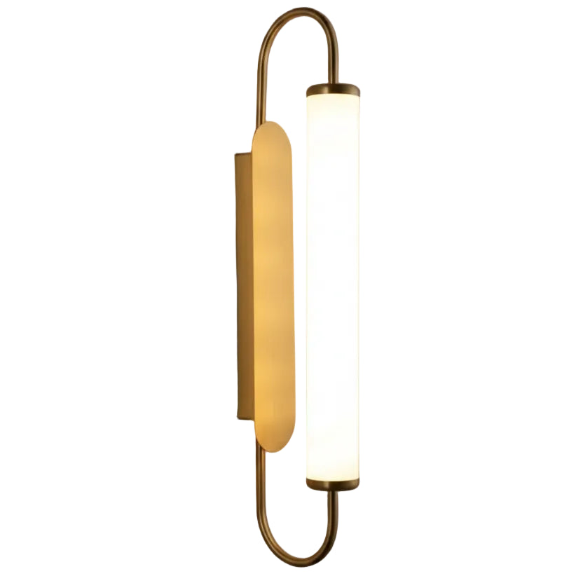 Gold U-armed tubular wall sconce with translucent opal and amber cylindrical diffusers