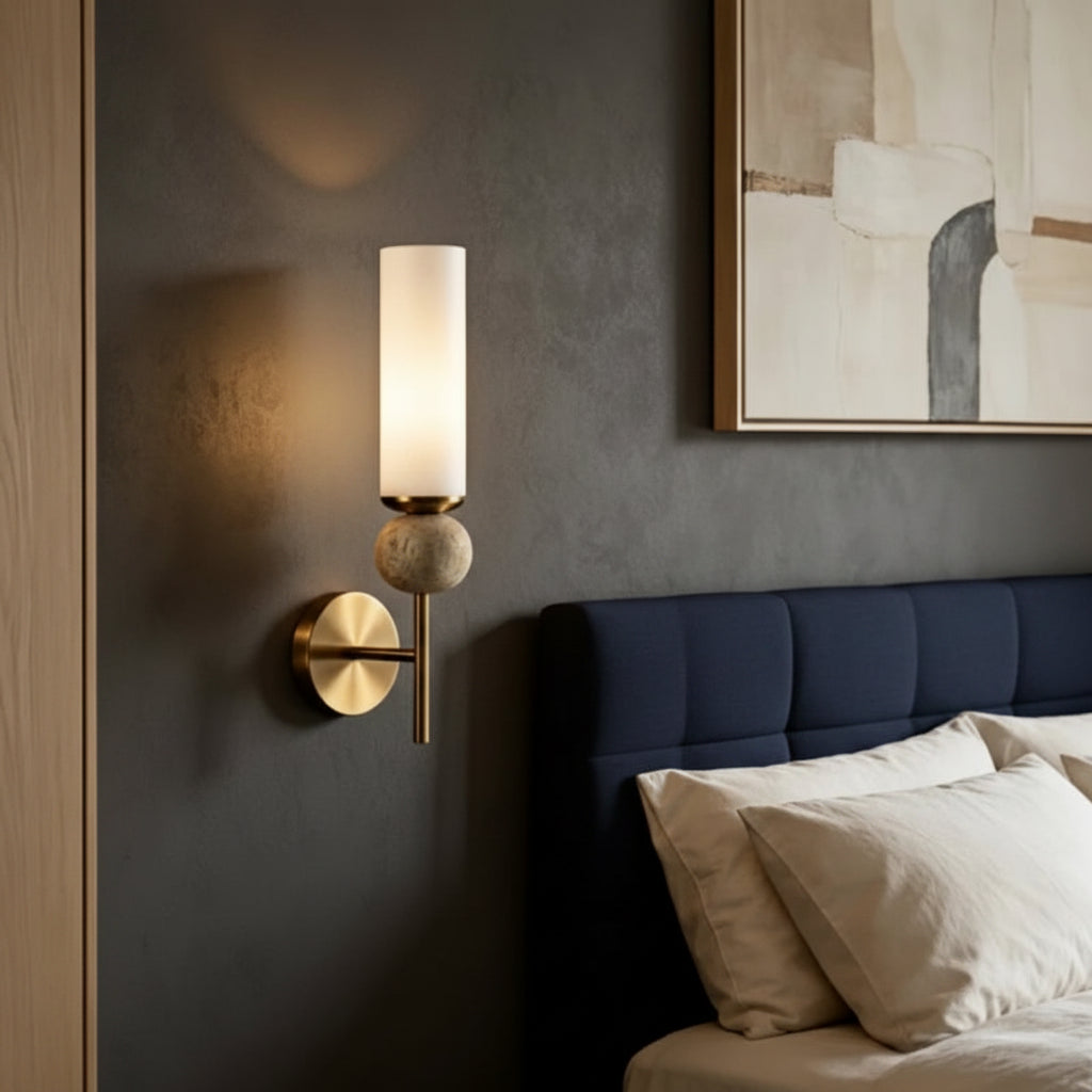Zyle cylindrical wall light with brass circular backplate and travertine globe stone