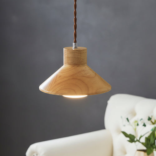 Wooden cone pendant light with twisted cord and warm glow, hanging drop design.