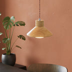Single wooden cone pendant light with twisted cord, warm light from cone shade.
