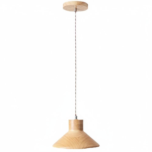 Wooden cone pendant light with twisted cord and round ceiling canopy, unlit.