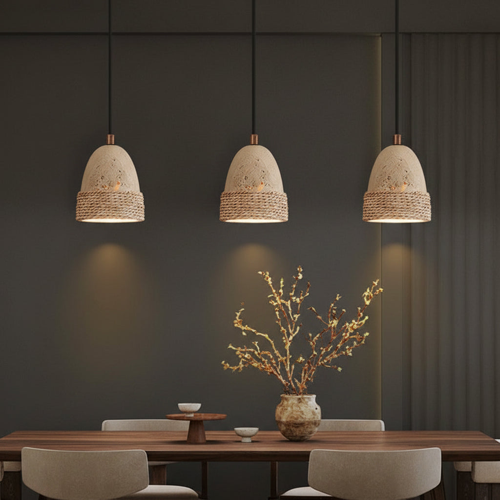 Elri three-bulb bell pendant light with travertine shades and woven rope collars