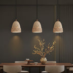 Elri three-bulb bell pendant light with travertine shades and woven rope collars