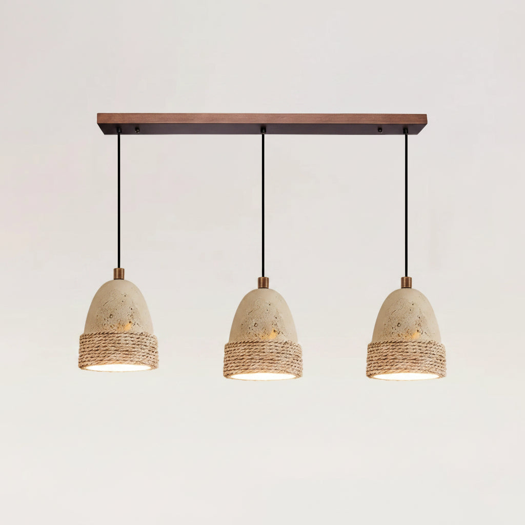 Elri three-head bell pendant light with wooden bar, travertine shades, and rope weave